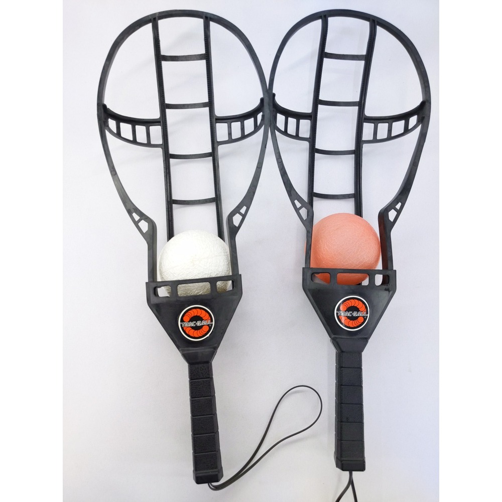 Wham-O Trac-Ball Racket Set Black Vintage 1975 Outdoor Lawn Game with 2 Balls